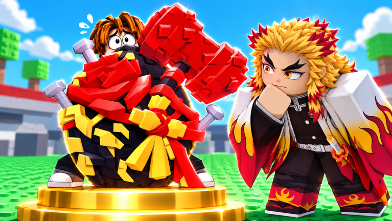 Official art of a cracked egg on a gold pedestal beside an anime-styled avatar
